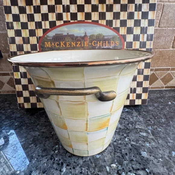 Rare Estate Stunning Mackenzie Childs Parchment Check Ice Bucket Display Only